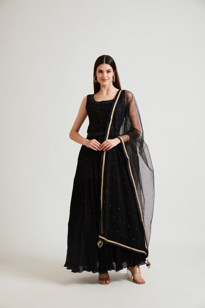 Neerus Black Color Georgette Fabric Gown