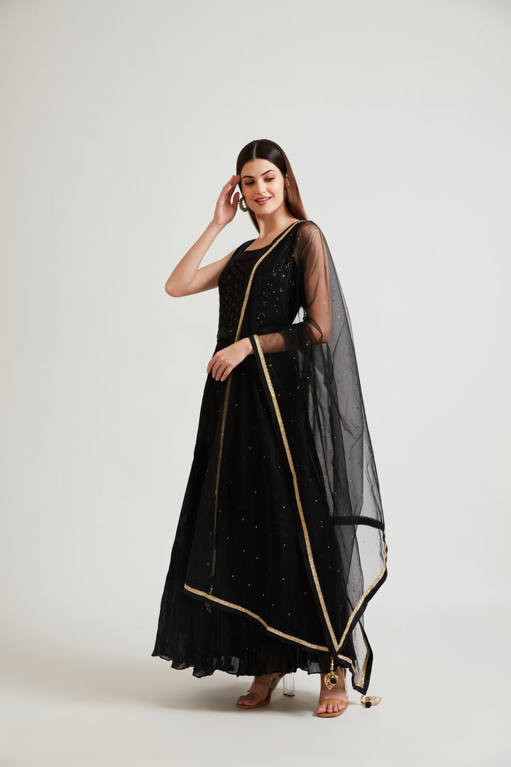 Neerus Black Color Georgette Fabric Gown