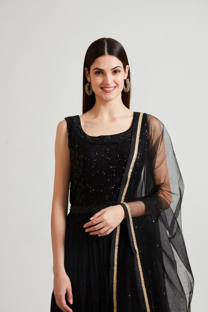 Neerus Black Color Georgette Fabric Gown