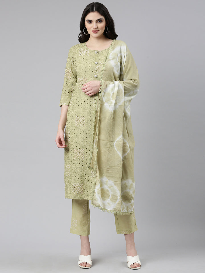 Neerus Green Regular Straight Embroidered Kurta And Trousers With Dupatta
