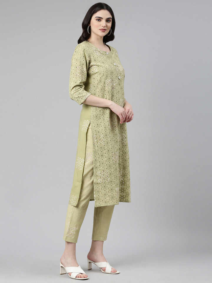 Neerus Green Regular Straight Embroidered Kurta And Trousers With Dupatta