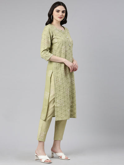 Neerus Green Regular Straight Embroidered Kurta And Trousers With Dupatta