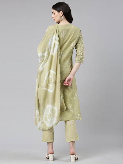 Neerus Green Regular Straight Embroidered Kurta And Trousers With Dupatta
