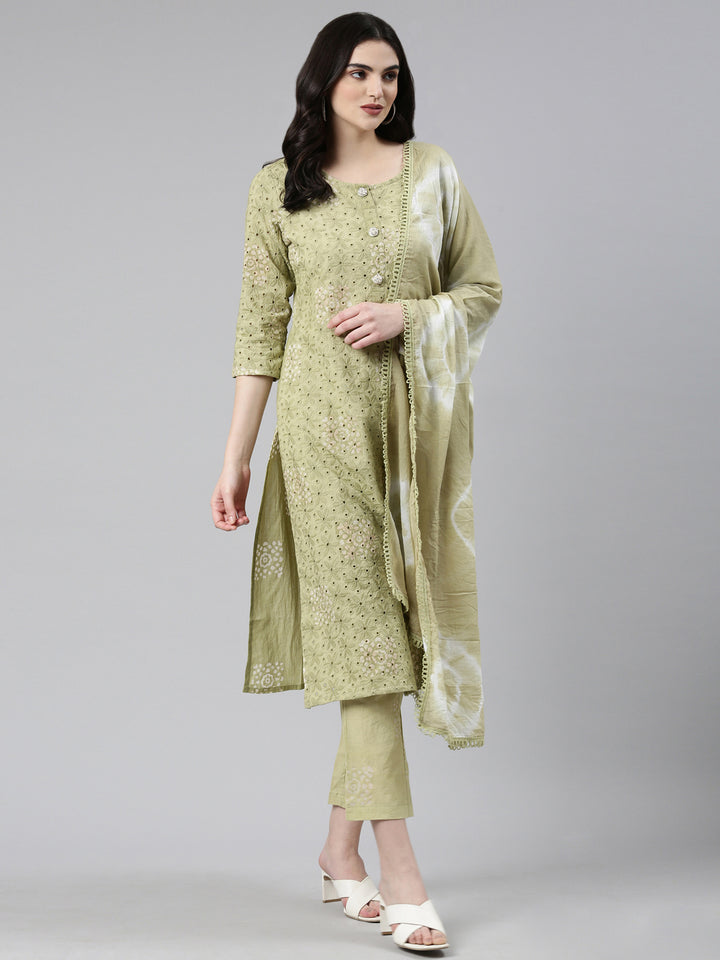 Neerus Green Regular Straight Embroidered Kurta And Trousers With Dupatta