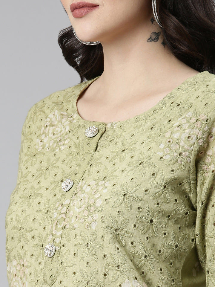 Neerus Green Regular Straight Embroidered Kurta And Trousers With Dupatta