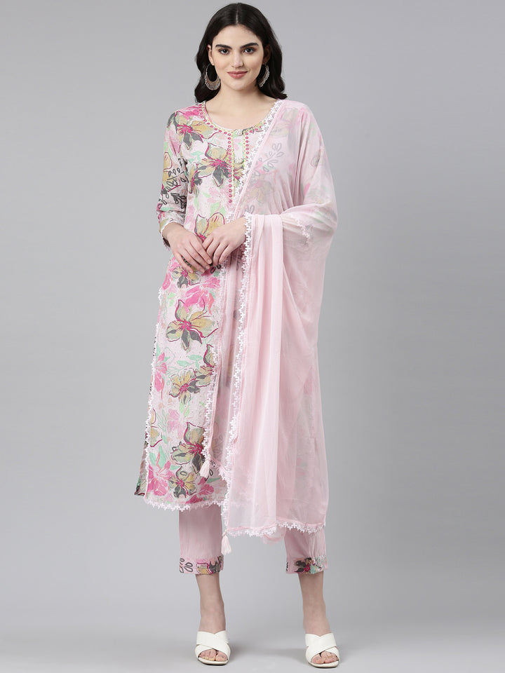 Neerus Pink cotton printed kurta set with trouser and dupatta - front view