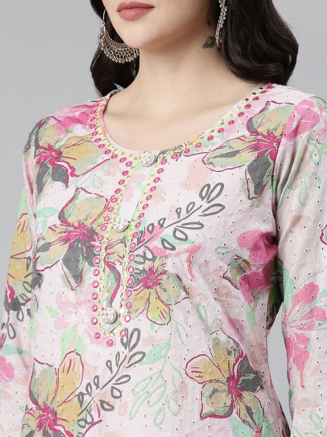 Neerus Pink cotton printed kurta set with trouser and dupatta - detail view 1