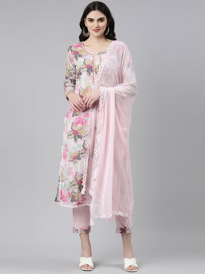 Neerus Pink Regular Straight Printed Kurta And Trousers With Dupatta
