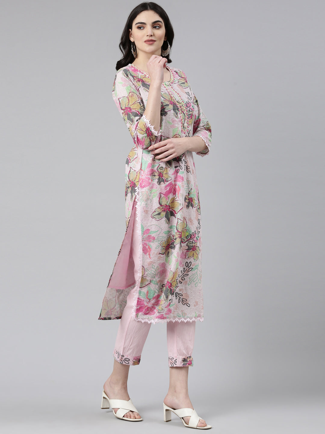 Neerus Pink cotton printed kurta set with trouser and dupatta - back view
