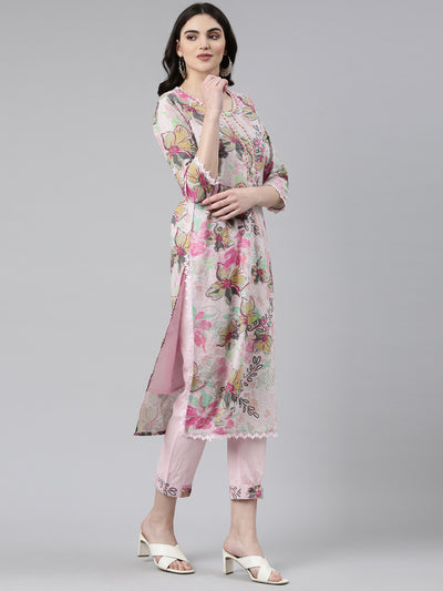 Neerus Pink Regular Straight Printed Kurta And Trousers With Dupatta