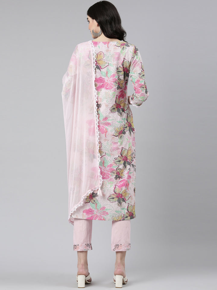 Neerus Pink cotton printed kurta set with trouser and dupatta - side view