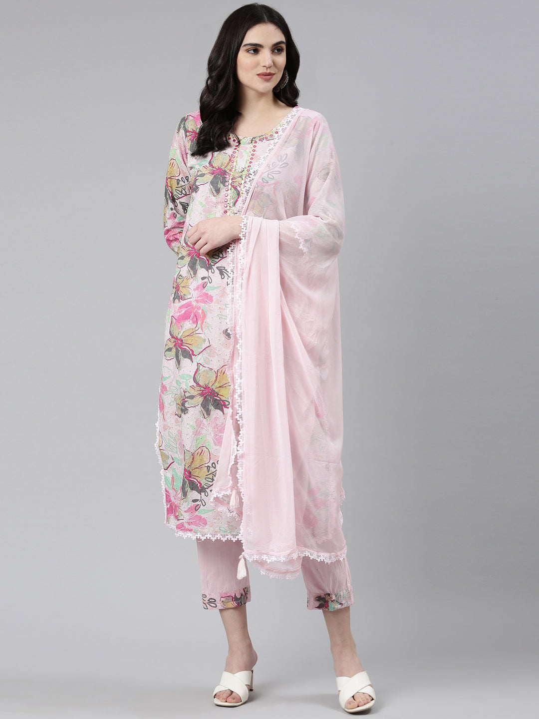 Neerus Pink cotton printed kurta set with trouser and dupatta - detail view 2