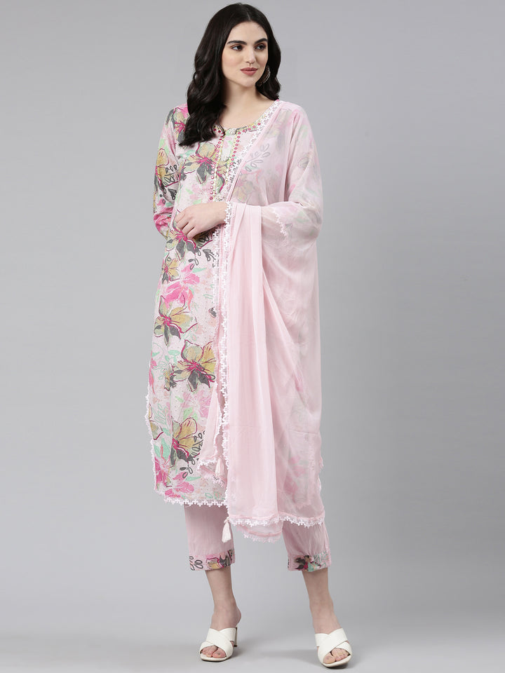 Neerus Pink cotton printed kurta set with trouser and dupatta - detail view 2