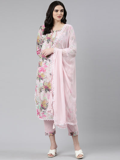 Neerus Pink Regular Straight Printed Kurta And Trousers With Dupatta