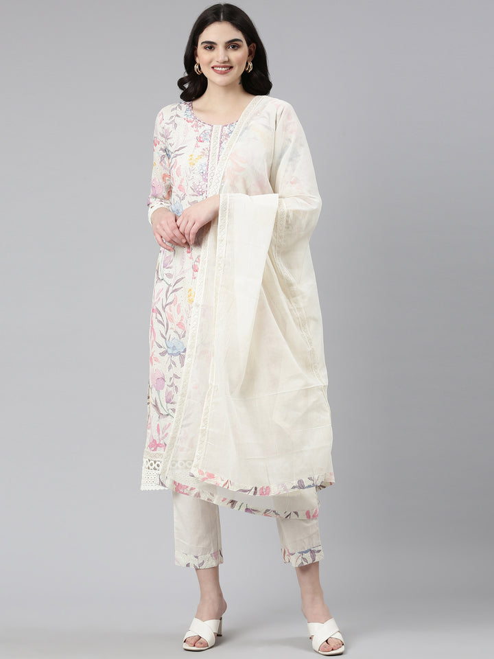 Neerus Beige printed straight kurta set with dupatta - front view