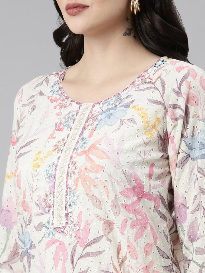 Neerus Beige printed straight kurta set with dupatta - detail view 1