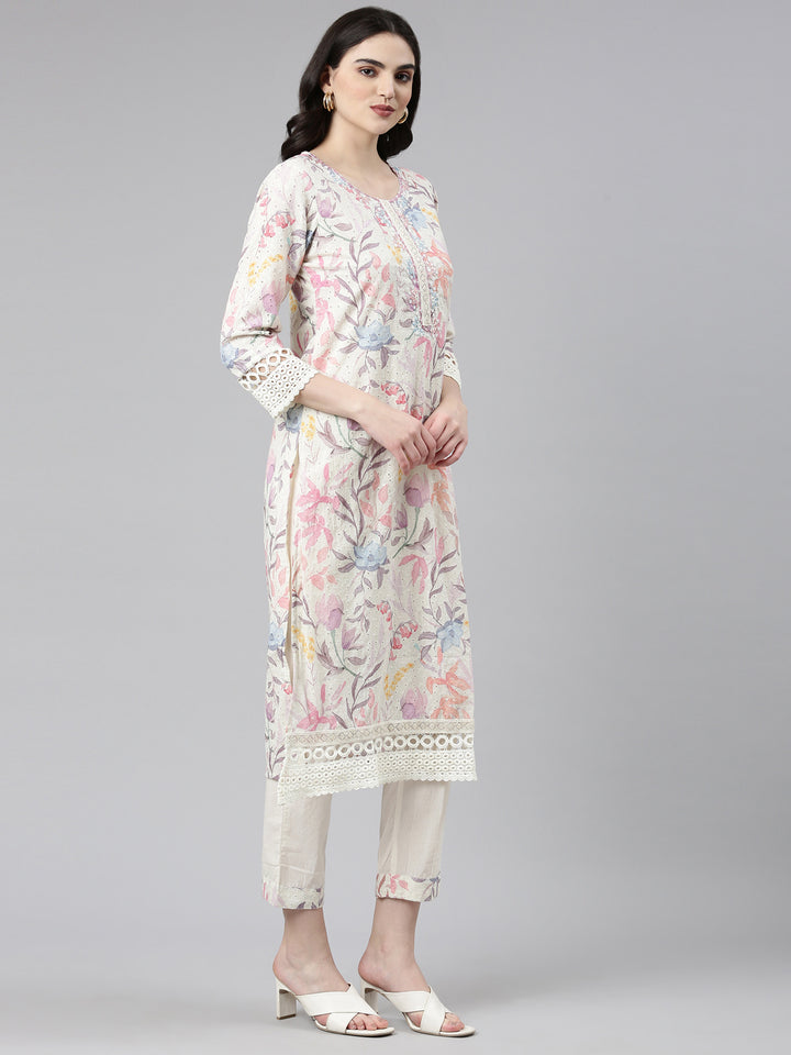 Neerus Beige printed straight kurta set with dupatta - back view
