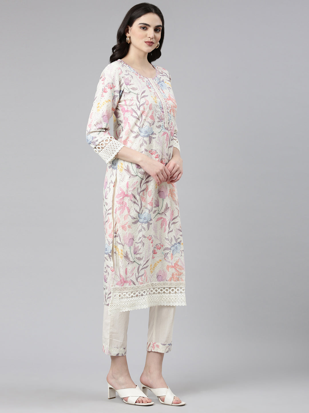Neerus Cream Regular Straight Printed Kurta And Trousers With Dupatta