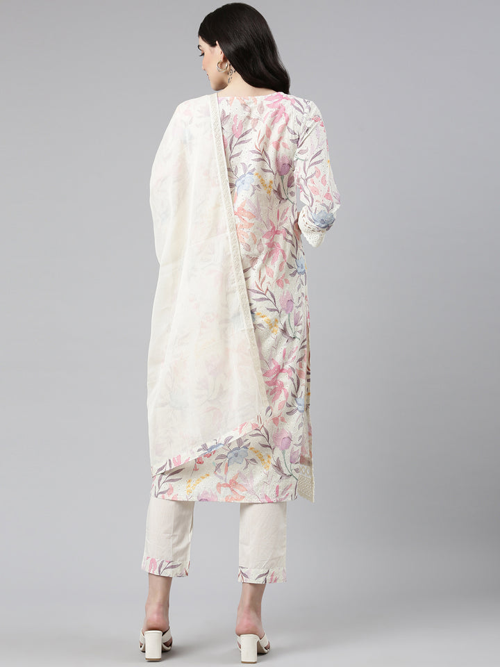 Neerus Beige printed straight kurta set with dupatta - side view