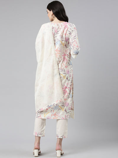 Neerus Cream Regular Straight Printed Kurta And Trousers With Dupatta