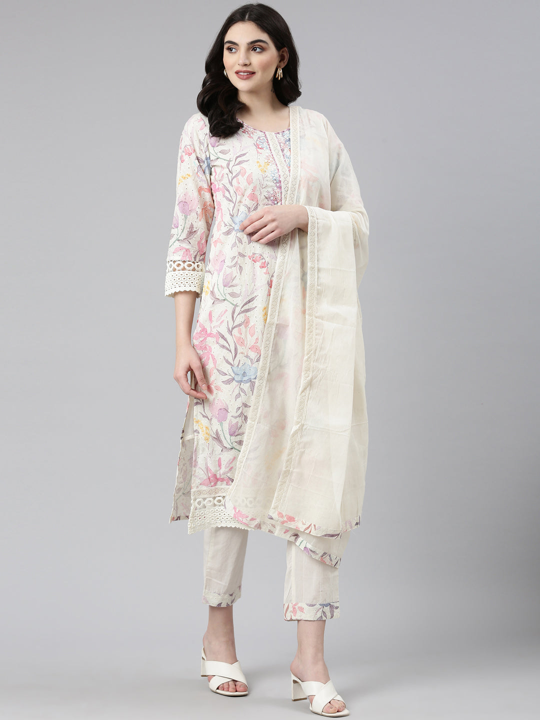 Neerus Cream Regular Straight Printed Kurta And Trousers With Dupatta