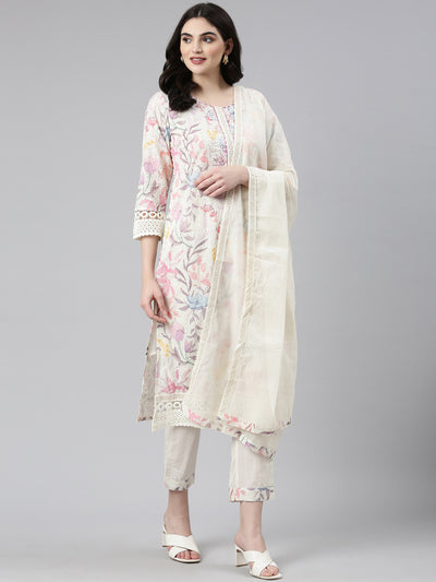 Neerus Cream Regular Straight Printed Kurta And Trousers With Dupatta