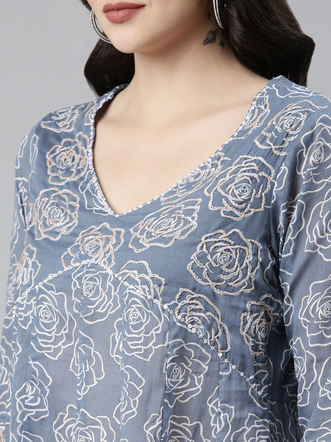 Neerus Grey rayon printed anarkali kurta set - detail view 1