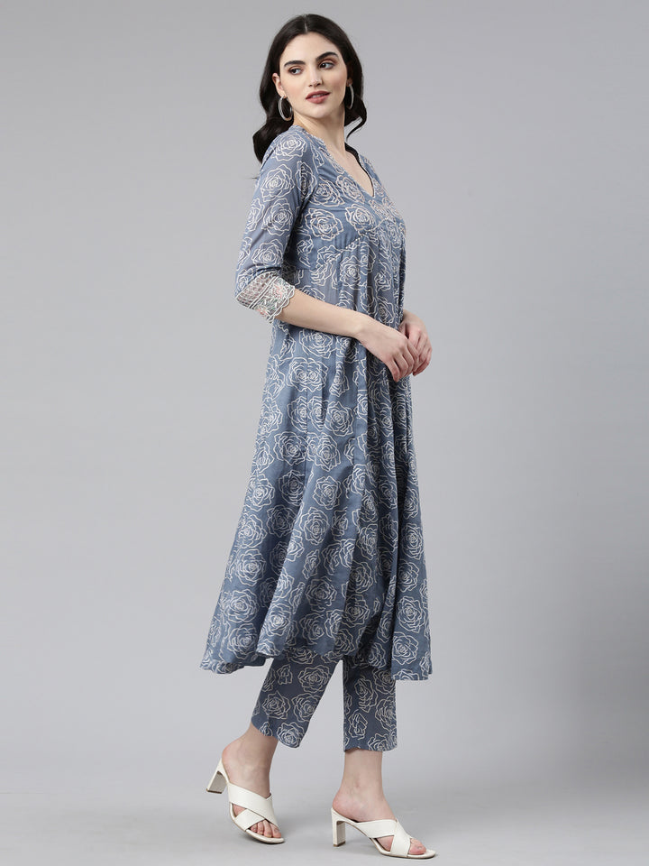 Neerus Grey rayon printed anarkali kurta set - back view