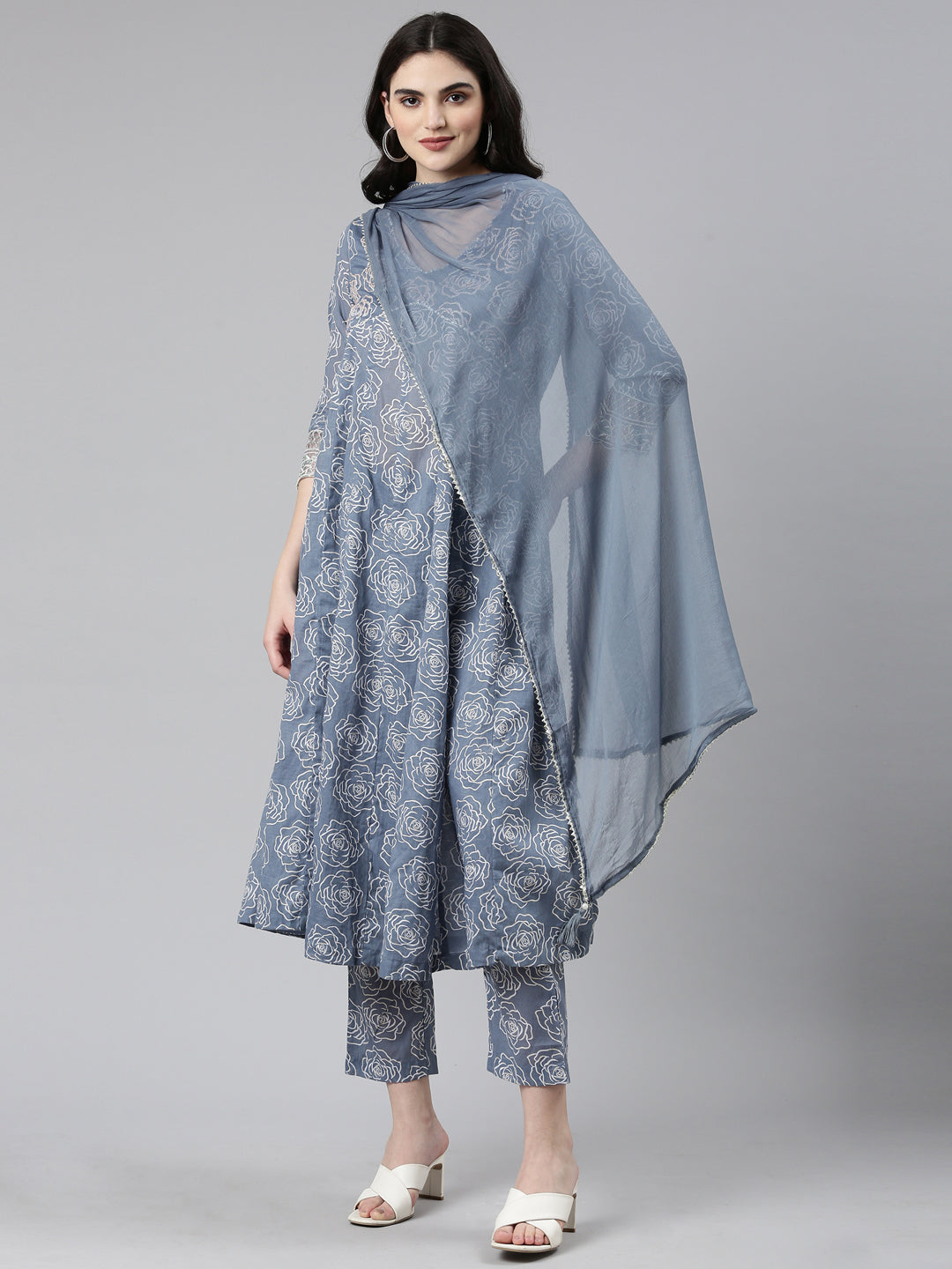Neerus Grey rayon printed anarkali kurta set - detail view 2