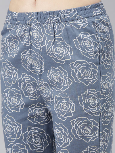 Neerus Grey Regular Anarkali Printed Kurta And Trousers With Dupatta