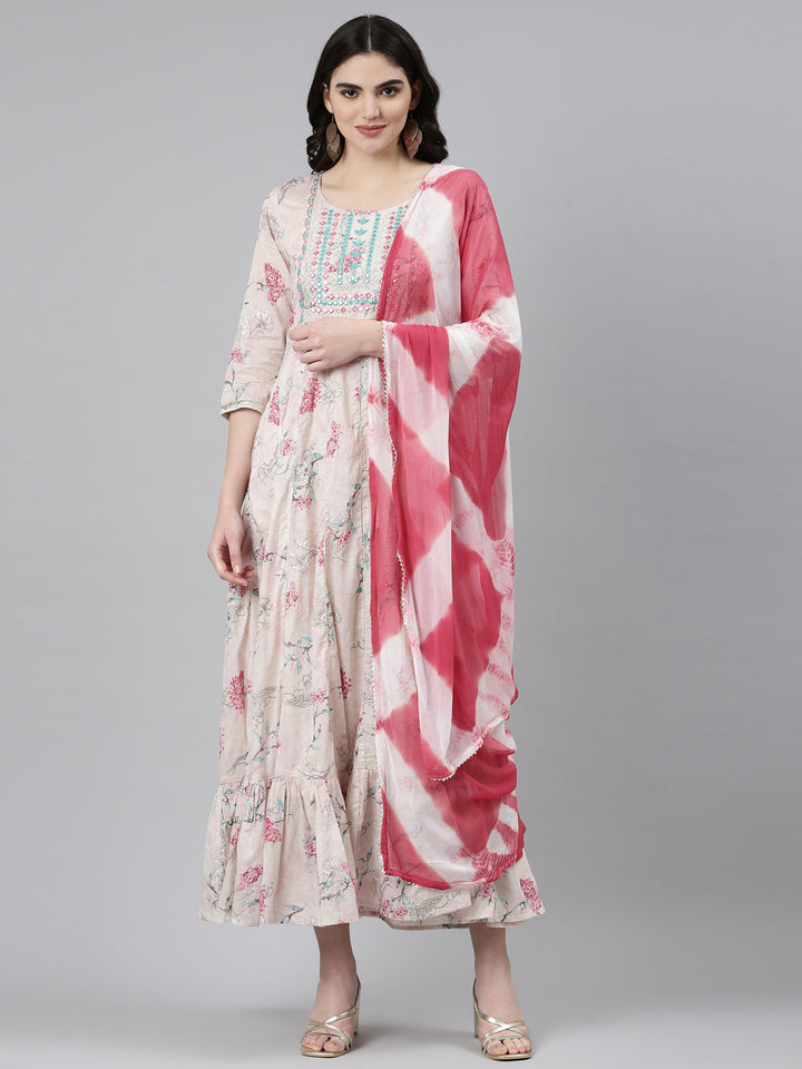 Neerus Pink cotton embellished anarkali kurta with dupatta - front view