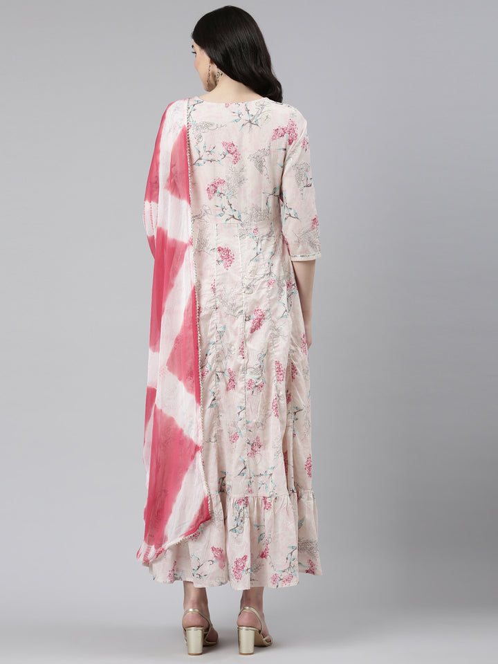 Neerus Pink cotton embellished anarkali kurta with dupatta - side view