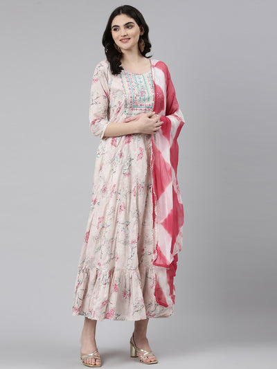 Neeru's Pink Pleated Anarkali Embellished Kurta With Duppata