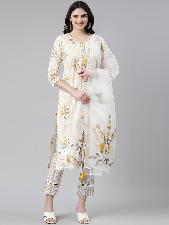 Neerus Yellow Regular Straight Printed Kurta And Trousers With Dupatta