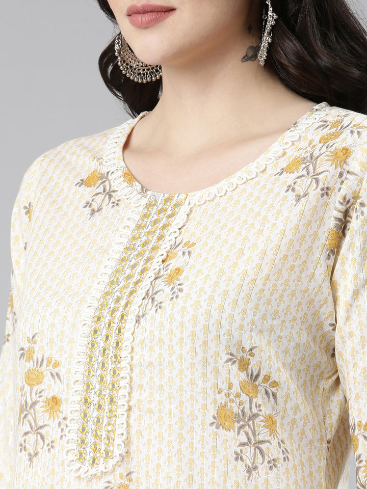 Neerus Yellow Regular Straight Printed Kurta And Trousers With Dupatta