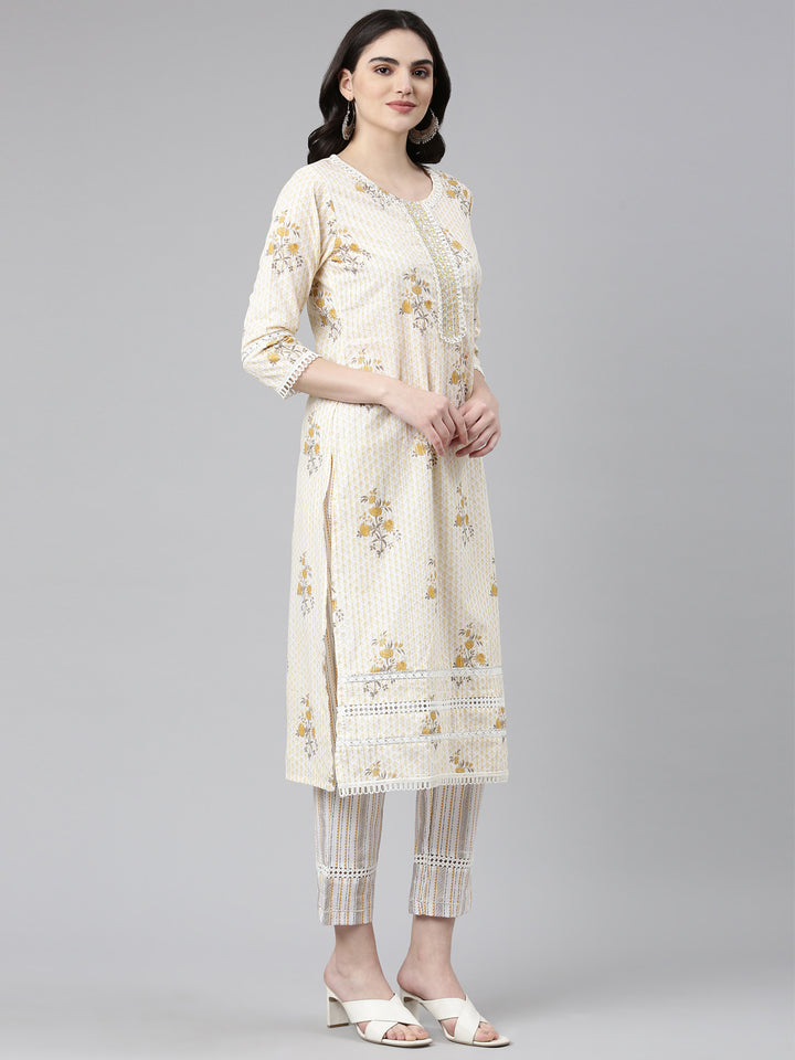 Neerus Yellow Regular Straight Printed Kurta And Trousers With Dupatta