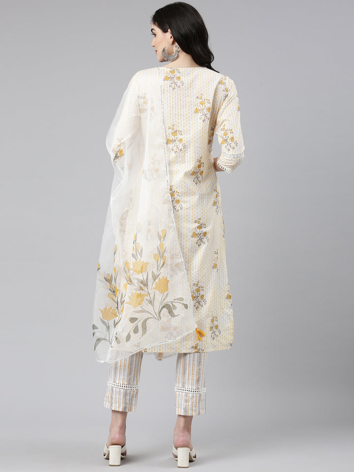 Neerus Yellow Regular Straight Printed Kurta And Trousers With Dupatta
