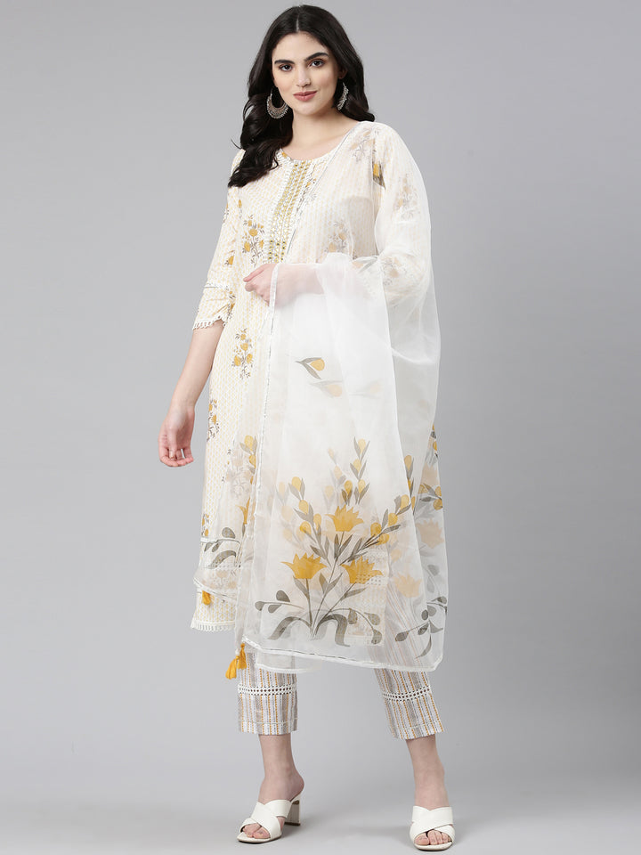 Neerus Yellow Regular Straight Printed Kurta And Trousers With Dupatta