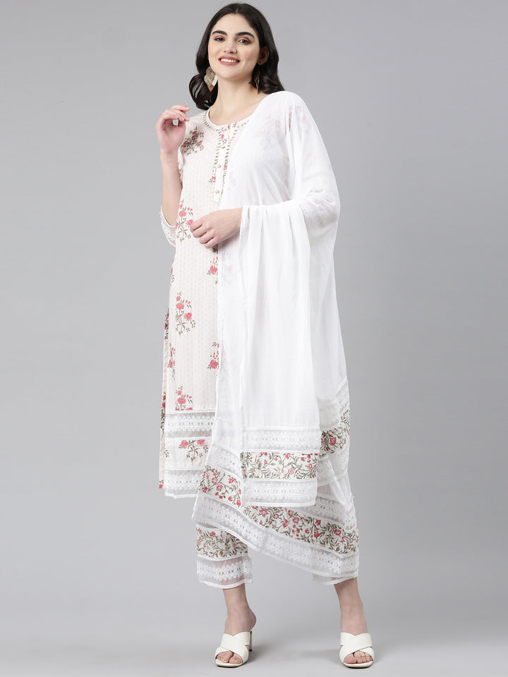 Neerus Pink printed straight kurta set with trouser and dupatta - front view