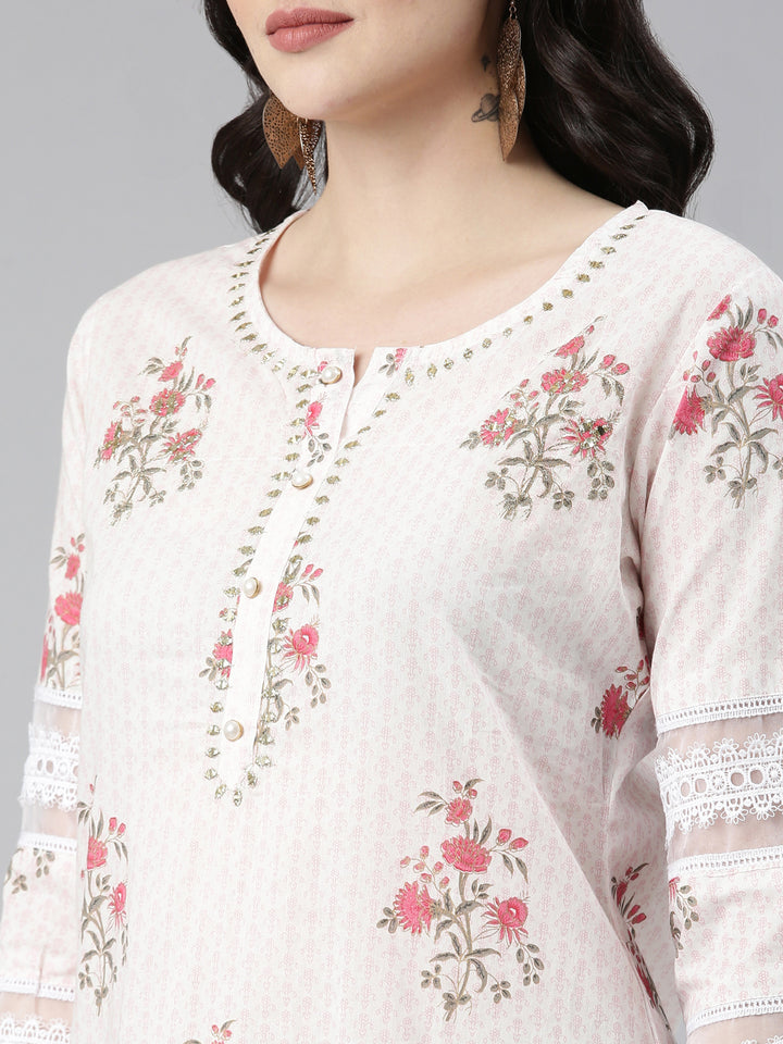 Neerus Pink printed straight kurta set with trouser and dupatta - detail view 1