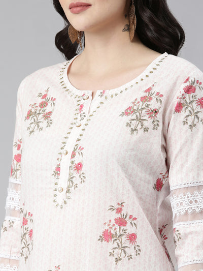 Neerus Pink Regular Straight Printed Kurta And Trousers With Dupatta