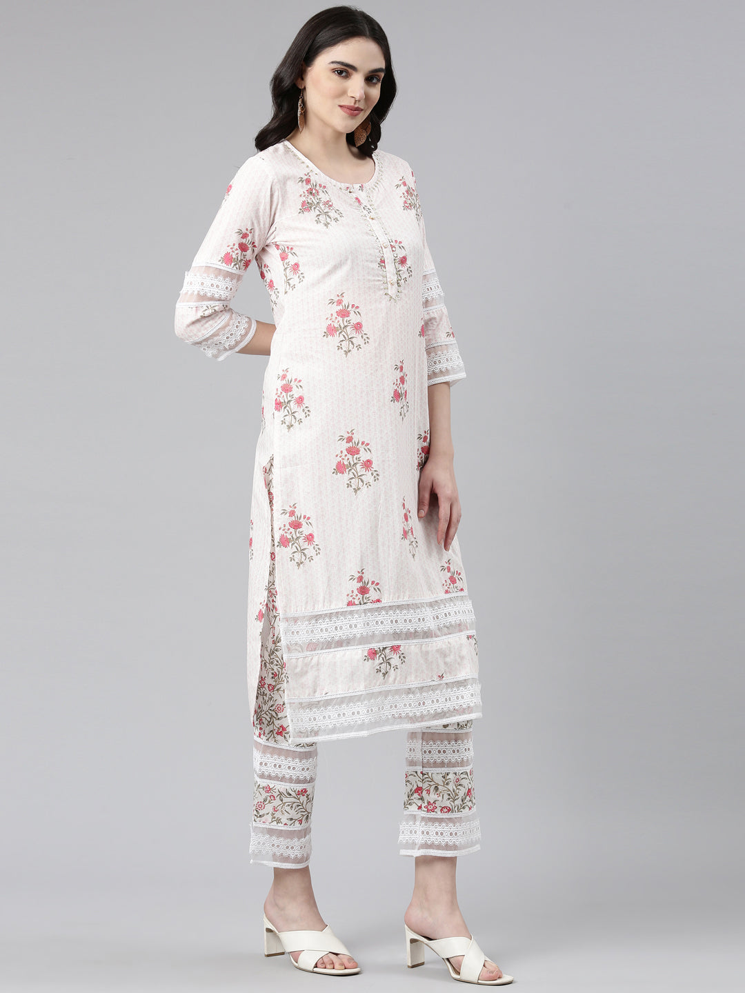 Neerus Pink printed straight kurta set with trouser and dupatta - back view