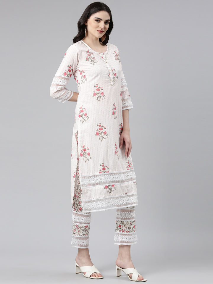 Neerus Pink printed straight kurta set with trouser and dupatta - back view