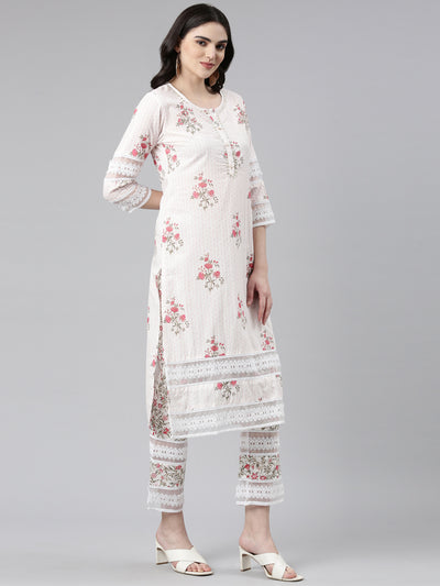 Neerus Pink Regular Straight Printed Kurta And Trousers With Dupatta
