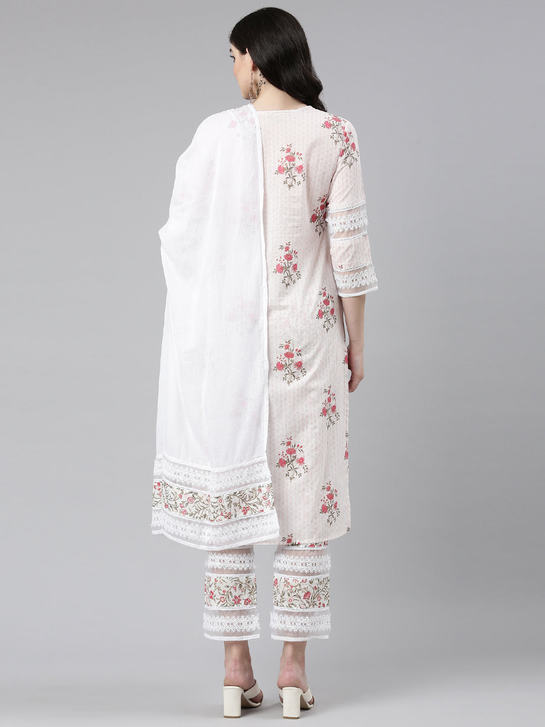 Neerus Pink printed straight kurta set with trouser and dupatta - side view