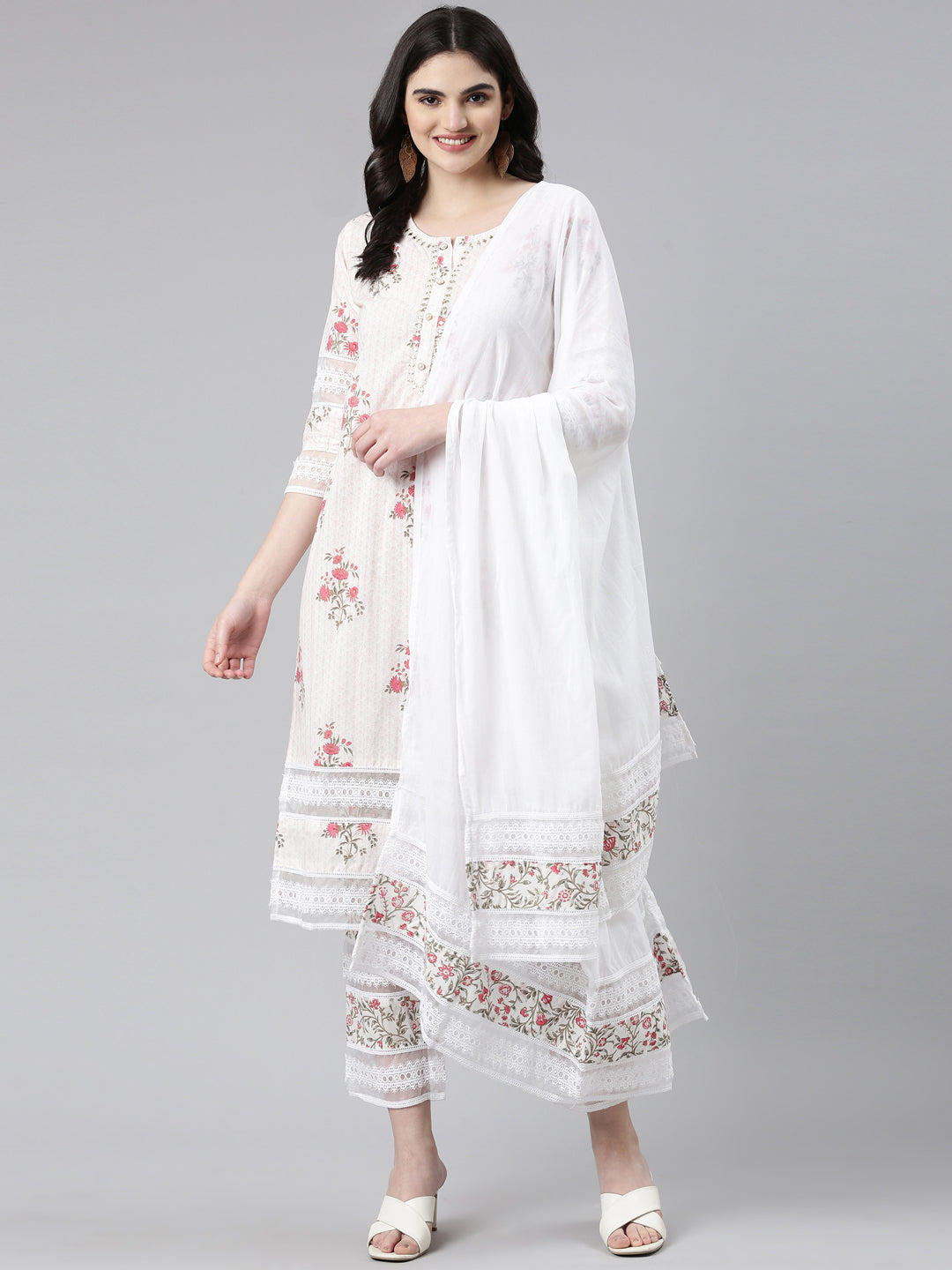 Neerus Pink printed straight kurta set with trouser and dupatta - detail view 2