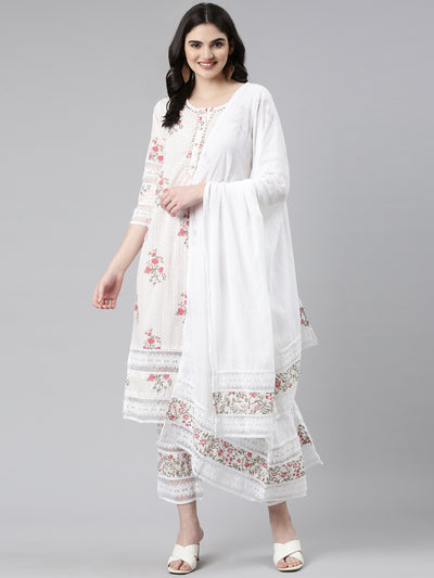 Neerus Pink Regular Straight Printed Kurta And Trousers With Dupatta