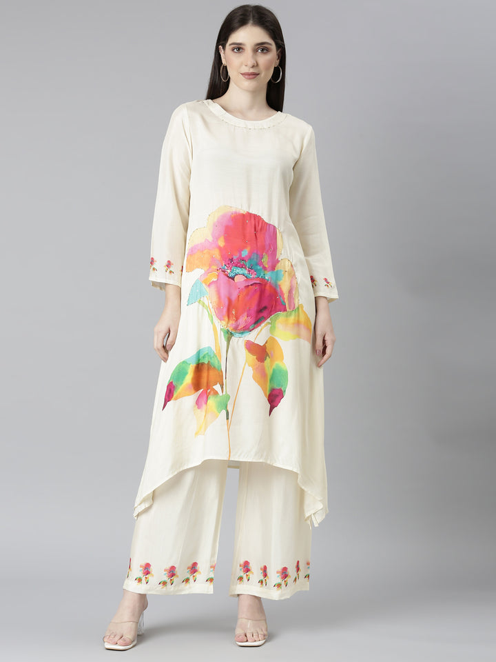 Neerus Cream Regular Straight Floral Kurta And Palazzos