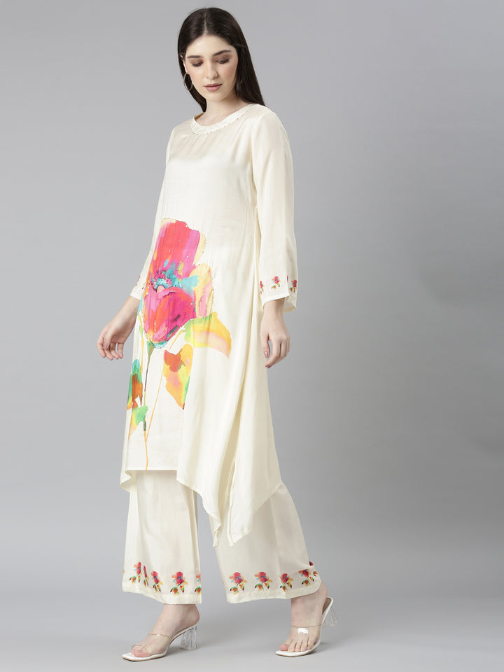 Neerus Cream Regular Straight Floral Kurta And Palazzos