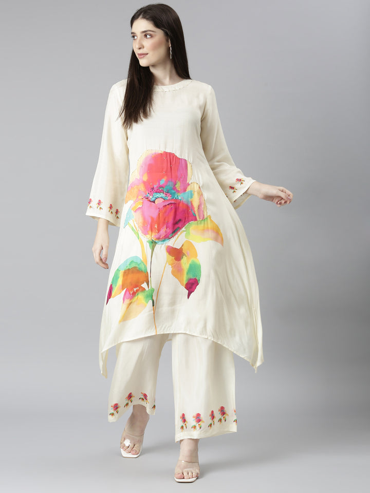 Neerus Cream Regular Straight Floral Kurta And Palazzos